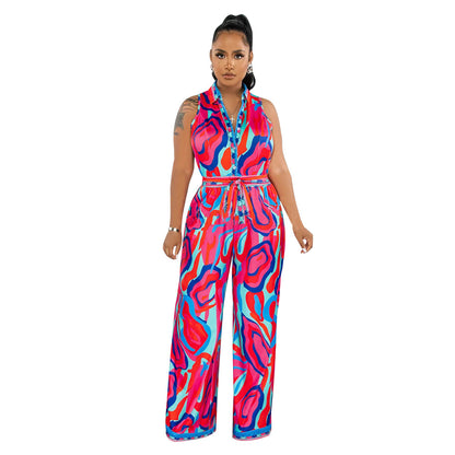 Printed V-Neck Wide-Leg Jumpsuit