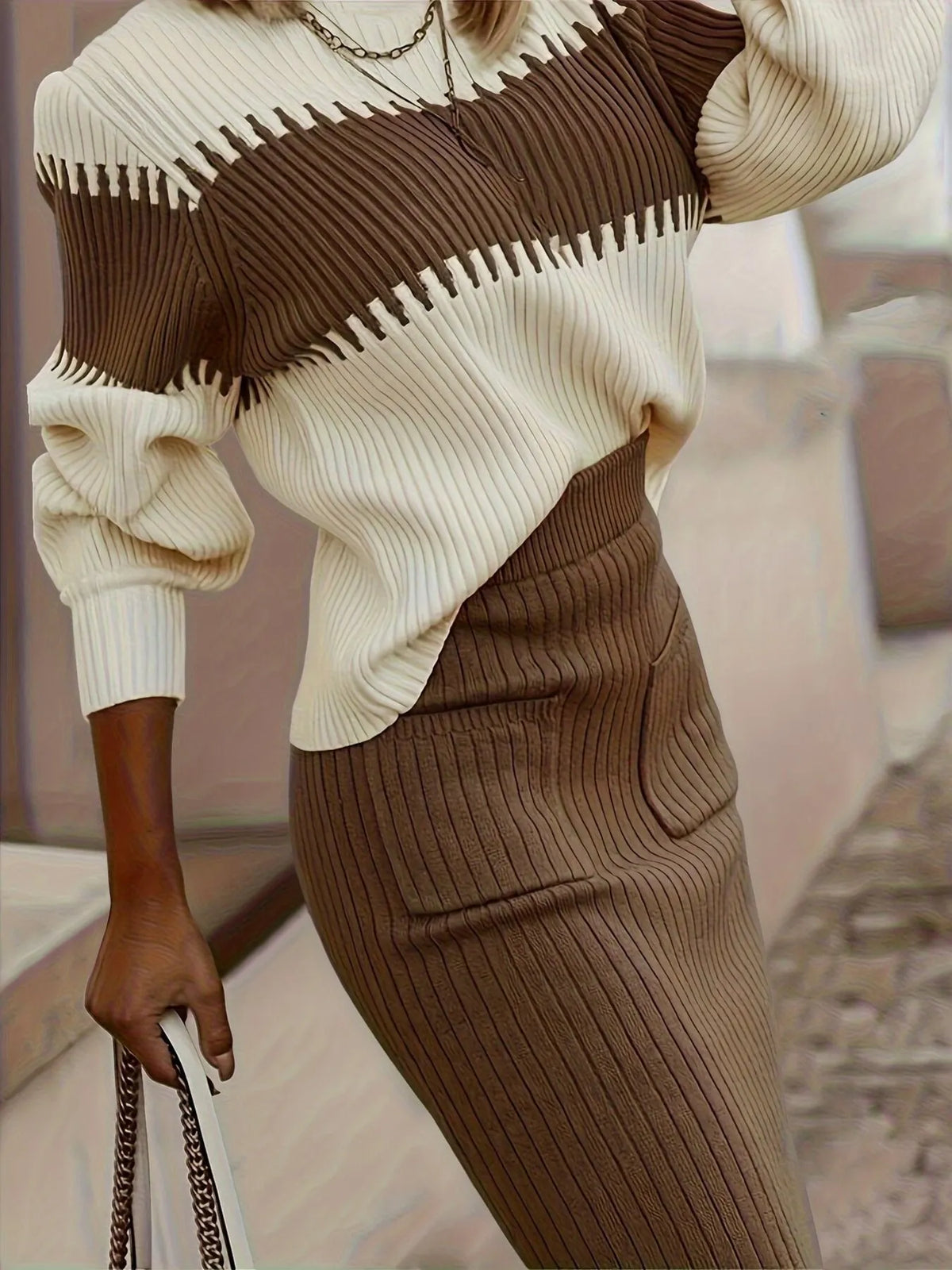 Two-Tone Ribbed Knit Skirt Set