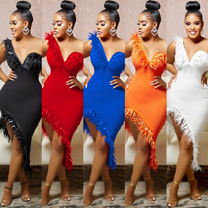 Feather-Trim Asymmetric Midi Dress