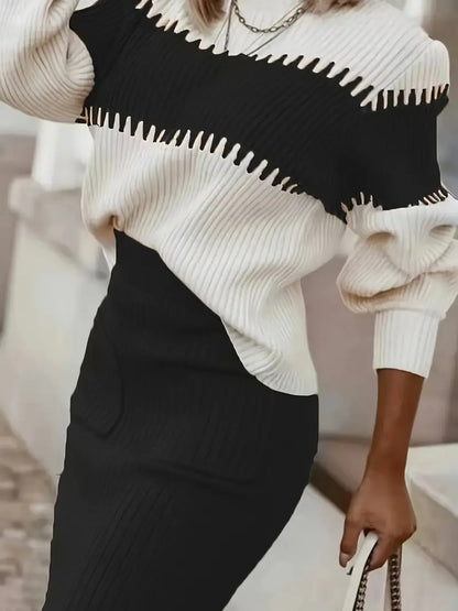Two-Tone Ribbed Knit Skirt Set