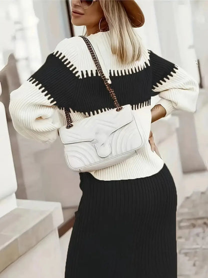Two-Tone Ribbed Knit Skirt Set