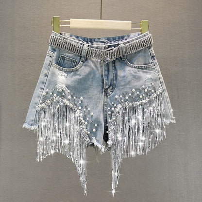 Beaded Tassel Denim Shorts