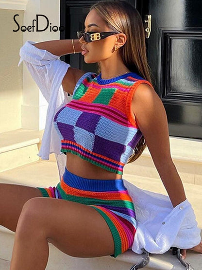 Contrast Knit Tank and Shorts Set