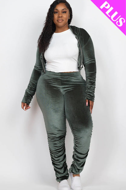 Plus Size Velour Ruched Front Zip up Jacket & Stacked Pants Set (CAPELLA)