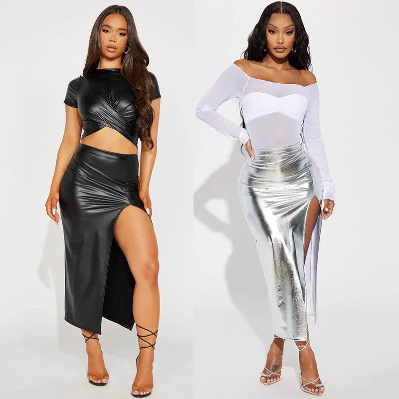 Elegant Split Women Skirt High Waist Bodycon Midi Leather PU Skirts Black Silver Sexy Party Club Streetwear Ladies Clothes