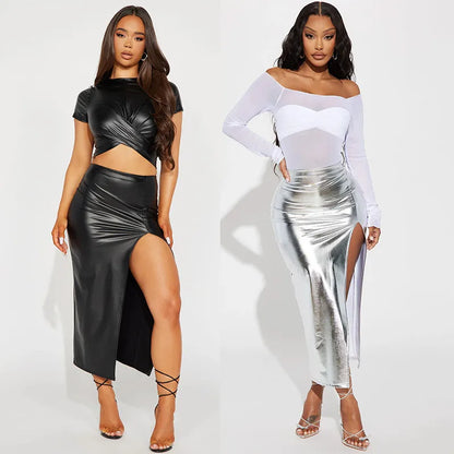 Elegant Split Women Skirt High Waist Bodycon Midi Leather PU Skirts Black Silver Sexy Party Club Streetwear Ladies Clothes