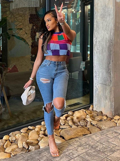 Contrast Knit Tank and Shorts Set