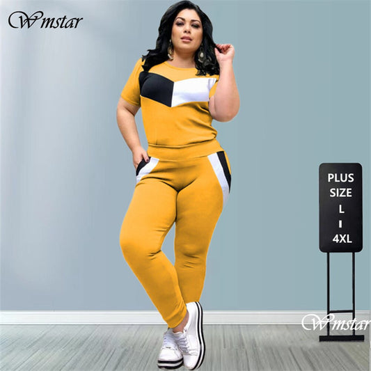 Plus Size 2 Piece Set Women Tracksuits Patchwork Crop Top Short Sleeve Leggings Jogger Sport Suit Stretch Wholesale Dropshipping