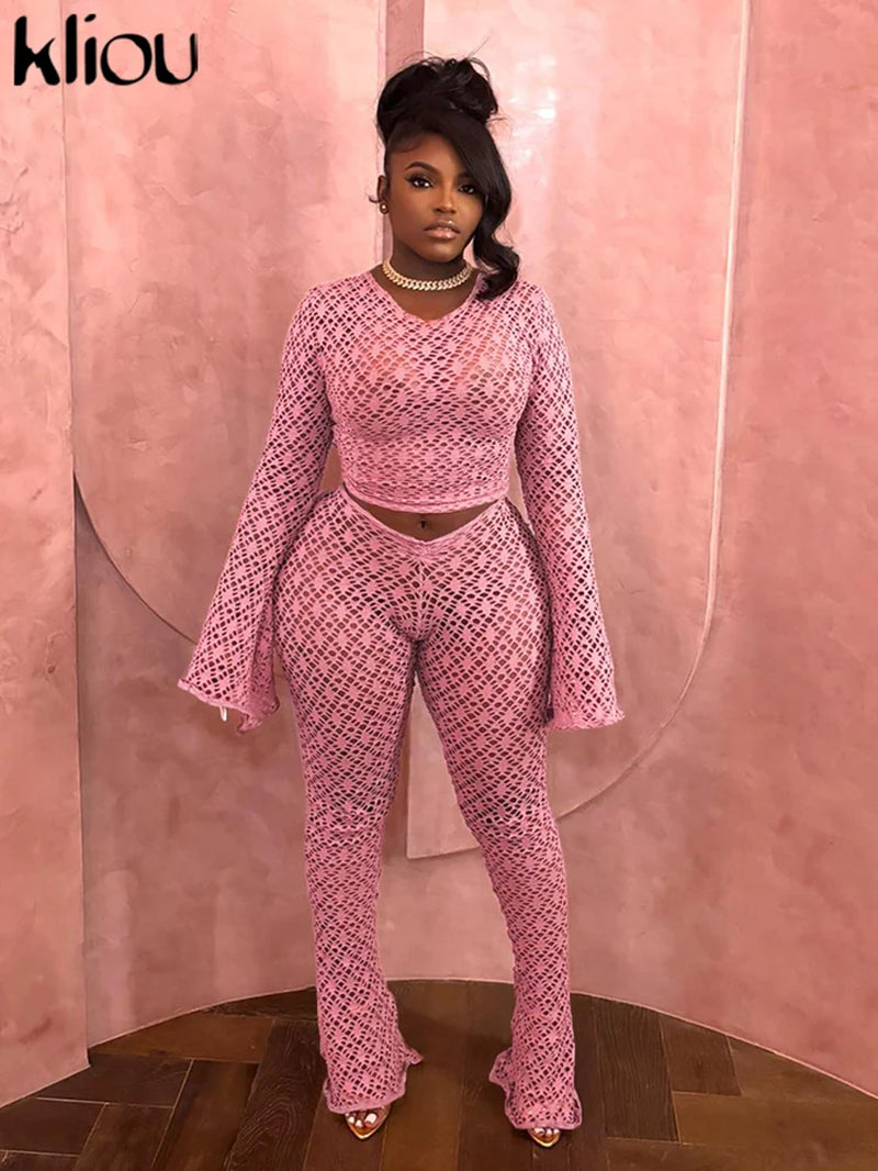 Sexy Coquette 2 Piece Set Holes Solid Long Sleeve Slim Tops+High Waist Flare Pants See through Female Midnight Clubwear