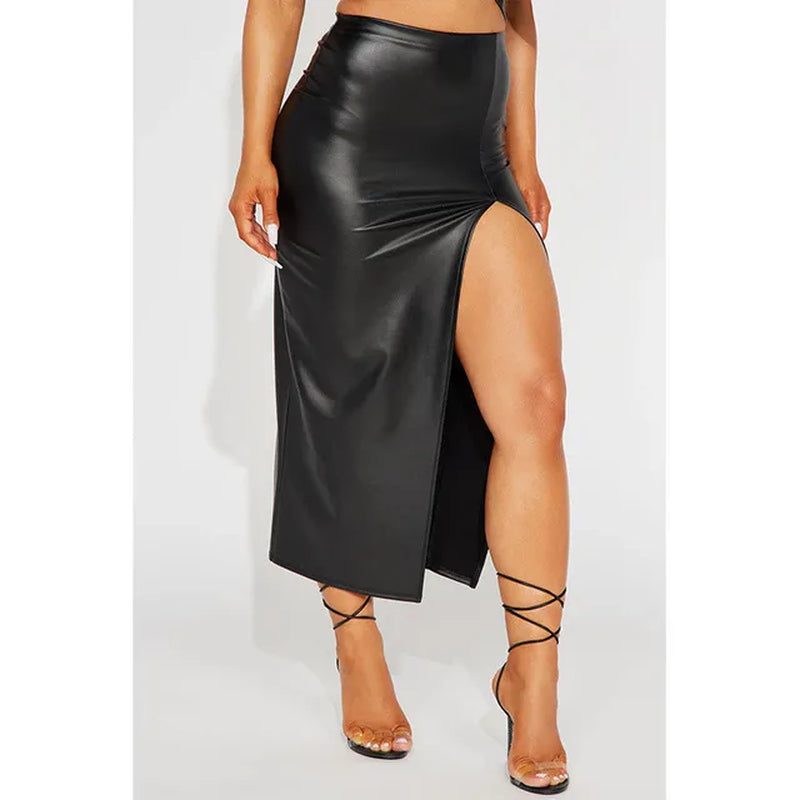 Elegant Split Women Skirt High Waist Bodycon Midi Leather PU Skirts Black Silver Sexy Party Club Streetwear Ladies Clothes