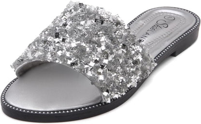 Womens Joli Slip on Slides Open Toe Rhinestone Glitter Flat Sandals Bling Sparkle Casual Shoes