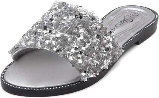 Womens Joli Slip on Slides Open Toe Rhinestone Glitter Flat Sandals Bling Sparkle Casual Shoes