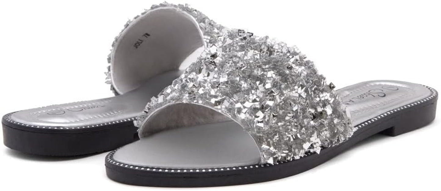 Womens Joli Slip on Slides Open Toe Rhinestone Glitter Flat Sandals Bling Sparkle Casual Shoes