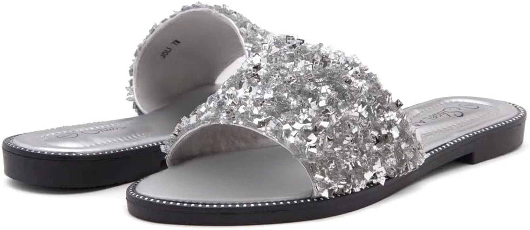 Womens Joli Slip on Slides Open Toe Rhinestone Glitter Flat Sandals Bling Sparkle Casual Shoes