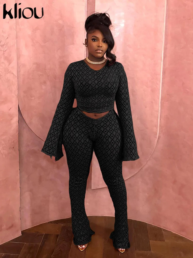 Sexy Coquette 2 Piece Set Holes Solid Long Sleeve Slim Tops+High Waist Flare Pants See through Female Midnight Clubwear