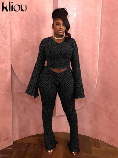 Sexy Coquette 2 Piece Set Holes Solid Long Sleeve Slim Tops+High Waist Flare Pants See through Female Midnight Clubwear