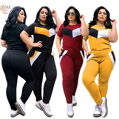 Plus Size 2 Piece Set Women Tracksuits Patchwork Crop Top Short Sleeve Leggings Jogger Sport Suit Stretch Wholesale Dropshipping