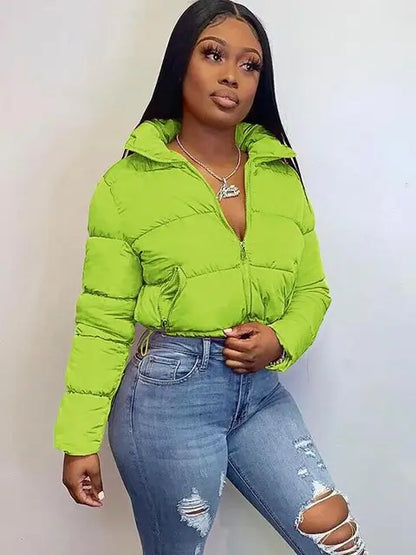 Autumn Warm Jacket Women Solid Puffer Cotton-Padded Zip-Up Coat Two-Pocket Adjustable Top Long Sleeve Turtleneck Jurk