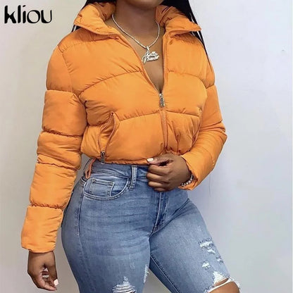 Autumn Warm Jacket Women Solid Puffer Cotton-Padded Zip-Up Coat Two-Pocket Adjustable Top Long Sleeve Turtleneck Jurk
