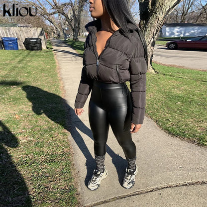 Autumn Warm Jacket Women Solid Puffer Cotton-Padded Zip-Up Coat Two-Pocket Adjustable Top Long Sleeve Turtleneck Jurk