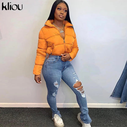 Autumn Warm Jacket Women Solid Puffer Cotton-Padded Zip-Up Coat Two-Pocket Adjustable Top Long Sleeve Turtleneck Jurk