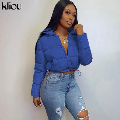 Autumn Warm Jacket Women Solid Puffer Cotton-Padded Zip-Up Coat Two-Pocket Adjustable Top Long Sleeve Turtleneck Jurk