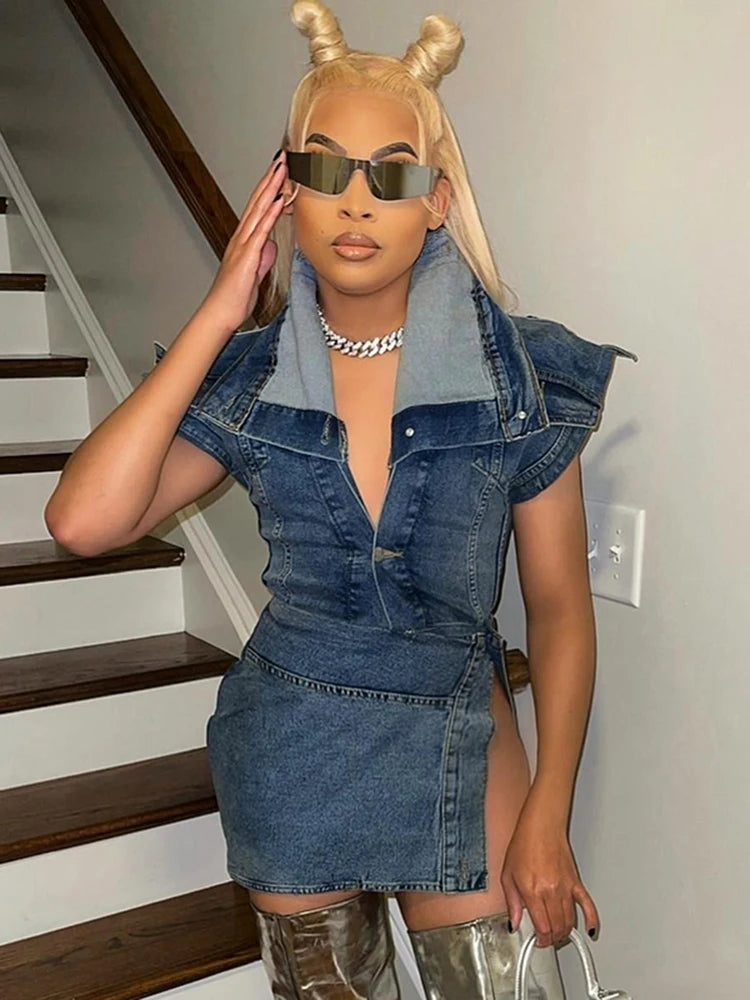 Denim Two Piece Set Women Y2K Outfits Fashion Turn-Down Collar Single Breasted Tops+Sexy Streetwear Side Slit Hip Skirt