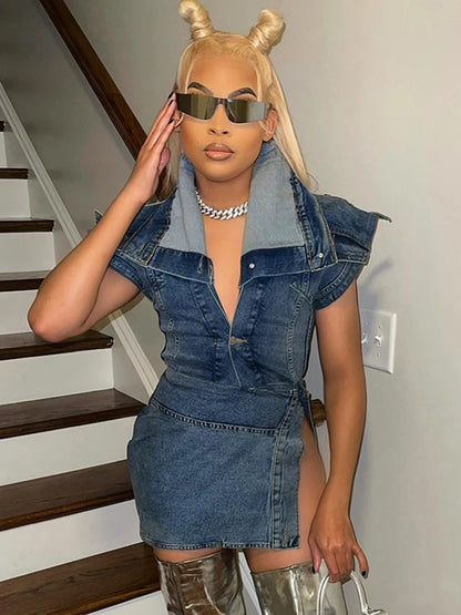 Denim Two Piece Set Women Y2K Outfits Fashion Turn-Down Collar Single Breasted Tops+Sexy Streetwear Side Slit Hip Skirt