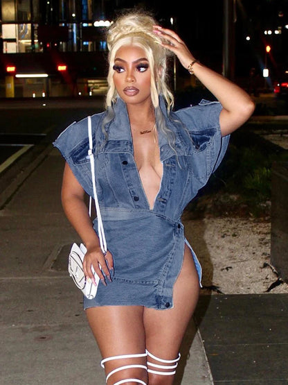 Denim Two Piece Set Women Y2K Outfits Fashion Turn-Down Collar Single Breasted Tops+Sexy Streetwear Side Slit Hip Skirt