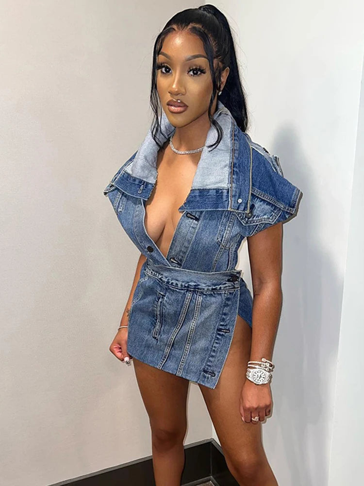 Denim Two Piece Set Women Y2K Outfits Fashion Turn-Down Collar Single Breasted Tops+Sexy Streetwear Side Slit Hip Skirt