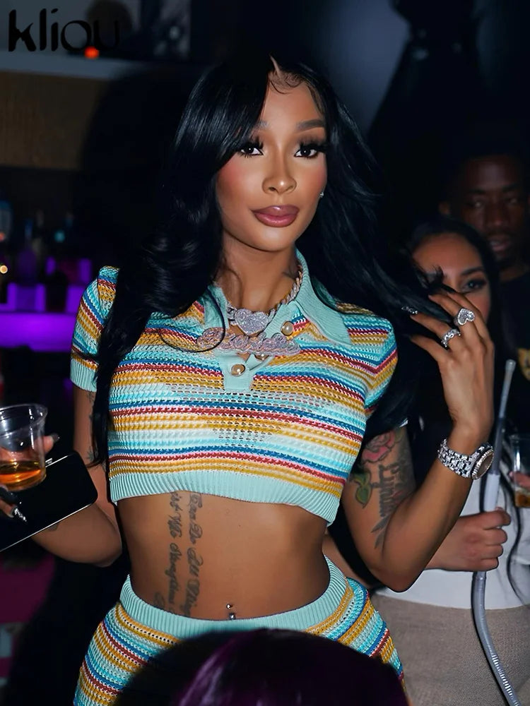 Knitted Panelled Patchwork Two Piece Set Women Classic Lapel Short Sleeve with Button Top+High Waist Mini Skirt Streetwear