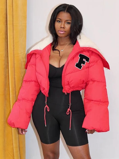 Solid Letter Print Coat Women Casual Fur Collar Loose Sleeves Drawstring Hipster Hooded Jacket Streetwear Female Outfits