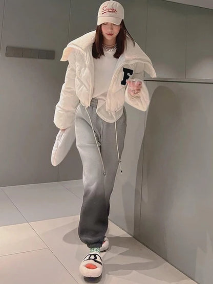 Solid Letter Print Coat Women Casual Fur Collar Loose Sleeves Drawstring Hipster Hooded Jacket Streetwear Female Outfits