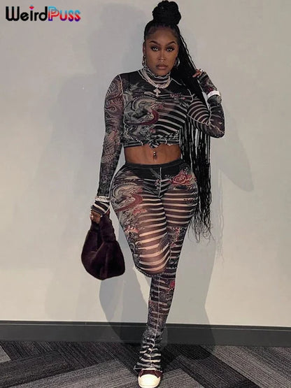 Aesthetic Print Sexy Women 2 Piece Set See through Midnight Spring Turtleneck Crop Tops+Pants Stretch Skinny Clubwear