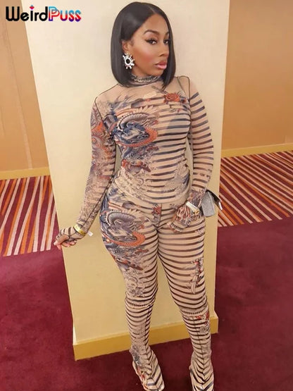 Aesthetic Print Sexy Women 2 Piece Set See through Midnight Spring Turtleneck Crop Tops+Pants Stretch Skinny Clubwear