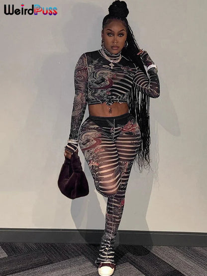 Aesthetic Print Sexy Women 2 Piece Set See through Midnight Spring Turtleneck Crop Tops+Pants Stretch Skinny Clubwear