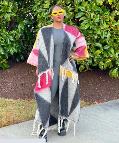 Winter Fashion African Women 2023 Fuzzy Long Cardigans plus Size American Blogger Loose Warm Cashmere Duster Coat for Lady