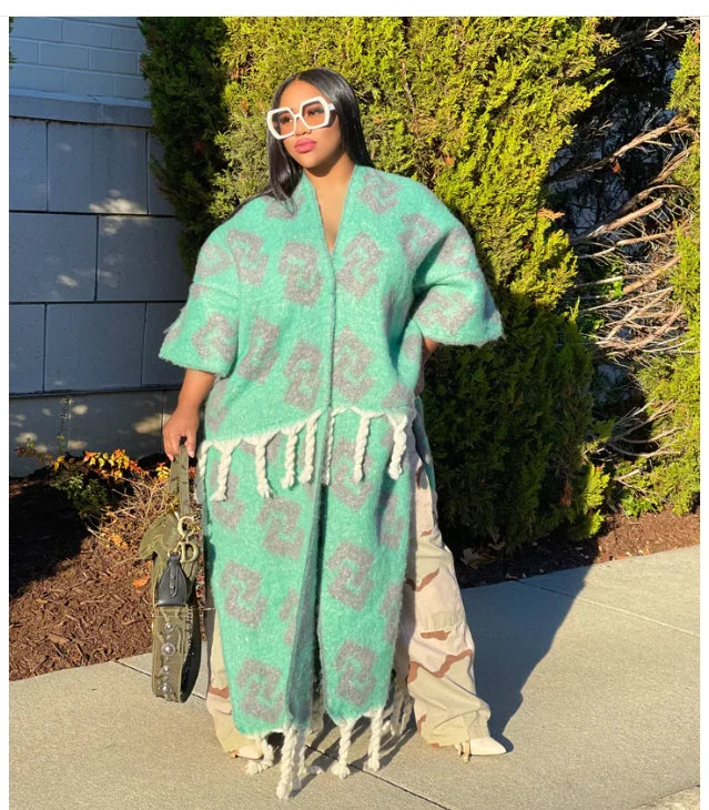 Winter Fashion African Women 2023 Fuzzy Long Cardigans plus Size American Blogger Loose Warm Cashmere Duster Coat for Lady