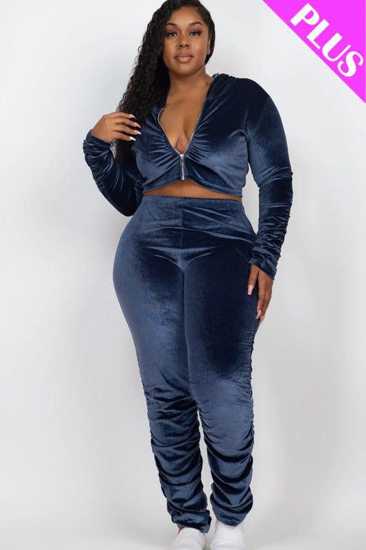 Plus Size Velour Ruched Front Zip up Jacket & Stacked Pants Set (CAPELLA)