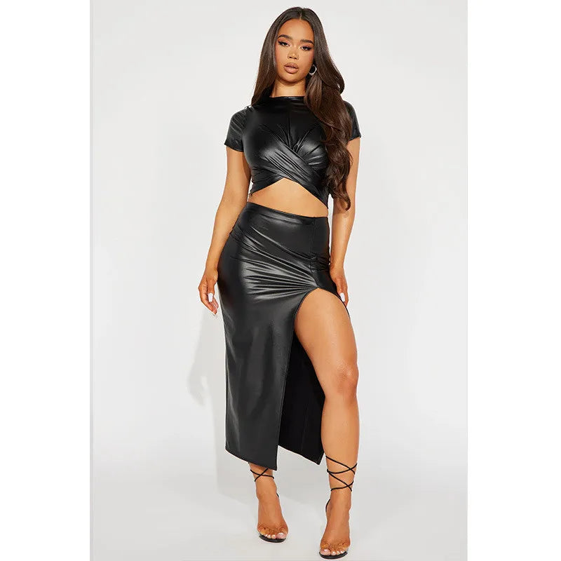 Elegant Split Women Skirt High Waist Bodycon Midi Leather PU Skirts Black Silver Sexy Party Club Streetwear Ladies Clothes