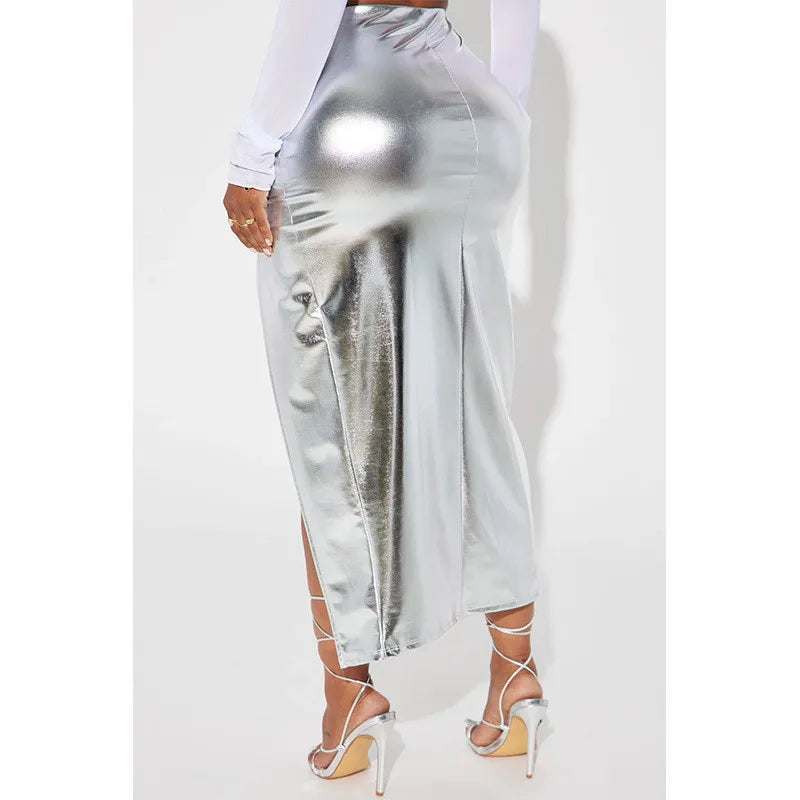 Elegant Split Women Skirt High Waist Bodycon Midi Leather PU Skirts Black Silver Sexy Party Club Streetwear Ladies Clothes