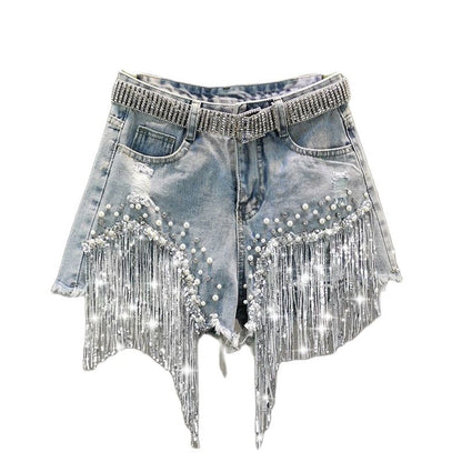 Beaded Tassel Denim Shorts