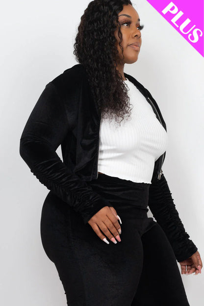 Plus Size Velour Ruched Front Zip up Jacket & Stacked Pants Set (CAPELLA)