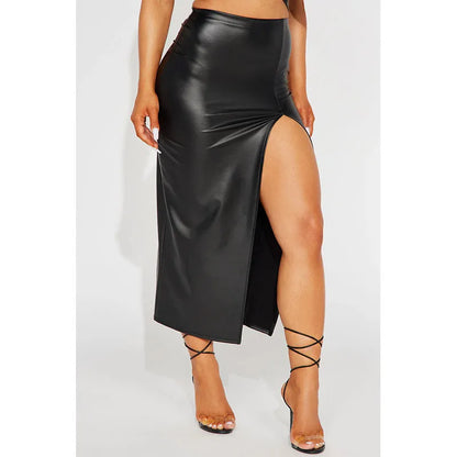 Elegant Split Women Skirt High Waist Bodycon Midi Leather PU Skirts Black Silver Sexy Party Club Streetwear Ladies Clothes