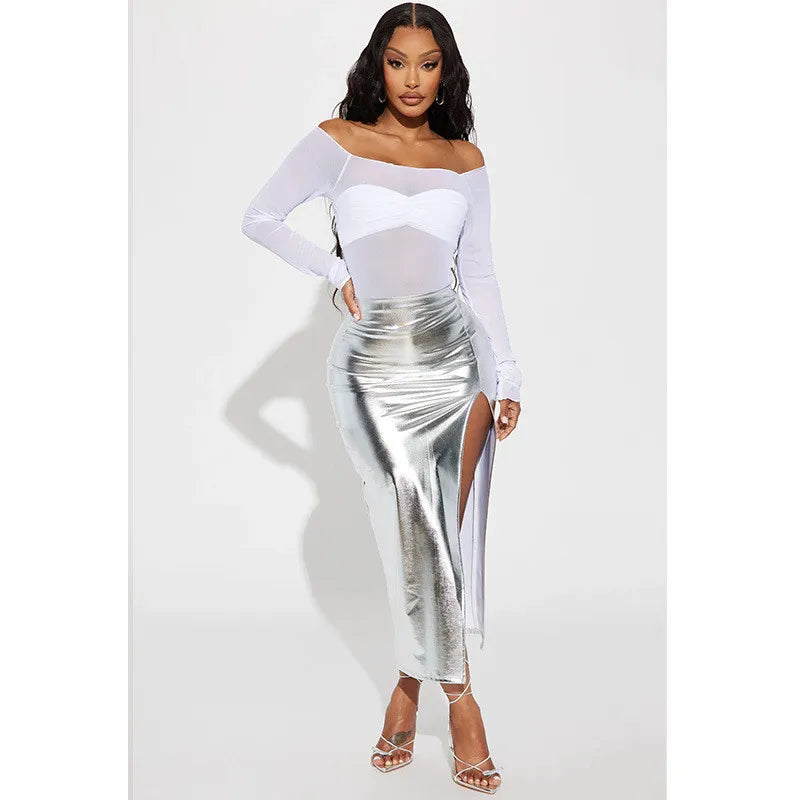Elegant Split Women Skirt High Waist Bodycon Midi Leather PU Skirts Black Silver Sexy Party Club Streetwear Ladies Clothes