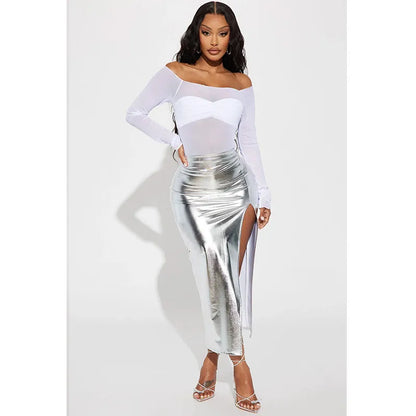 Elegant Split Women Skirt High Waist Bodycon Midi Leather PU Skirts Black Silver Sexy Party Club Streetwear Ladies Clothes