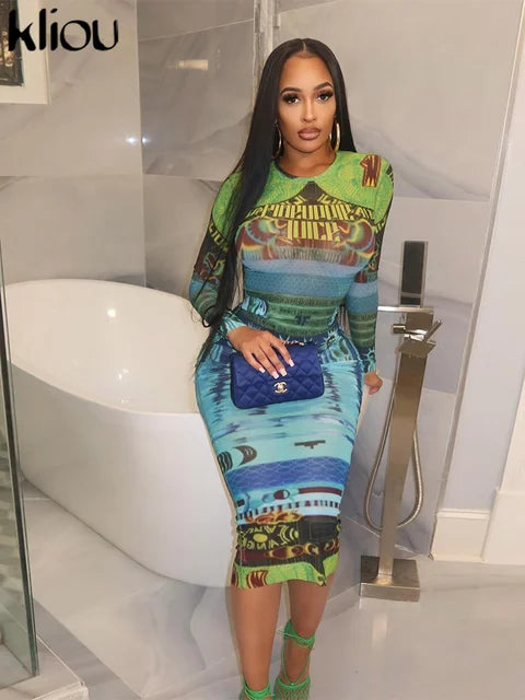 Aesthetic Print Maxi Dress Women Fall Stunning Contrast Color Full Sleeve O-Neck Straight Slim Robe Female Street Vestido