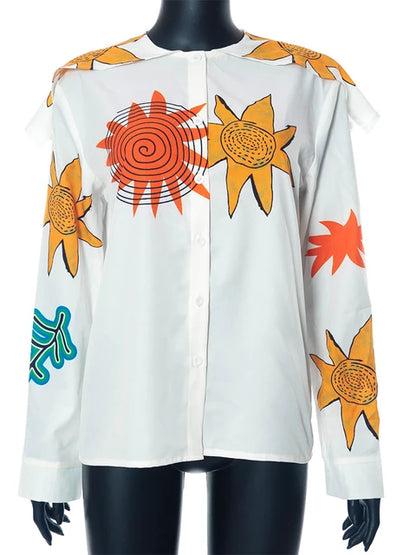 Autumn Women Bare Midriff Casual Woven Fabrics Shirt M23L35999 Girl V-Neck Flowers Print Crop Tops Miss All-Match Blouse
