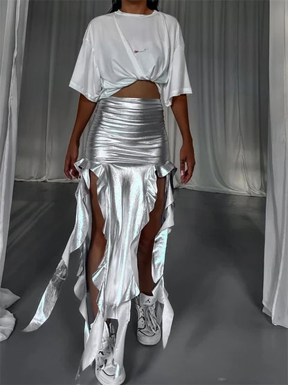 Autumn Women Mid-Calf Streetwear PU Leather Hip Skirt M23J35997 Girl Asymmetrical Side Spilt Half Dress Robe Club Attire