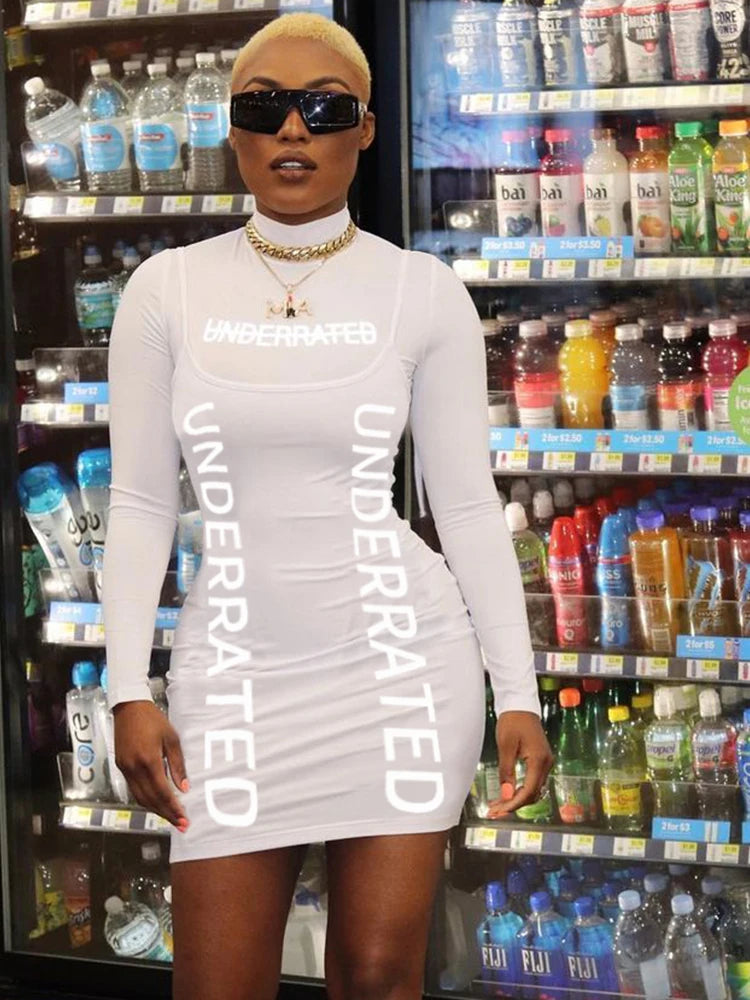 Autumn Women Streetwear Knitting Two Piece Set Junior Girl Full Sleeve Bodysuit+Camis Mini Dress Outfit Reflective Letter